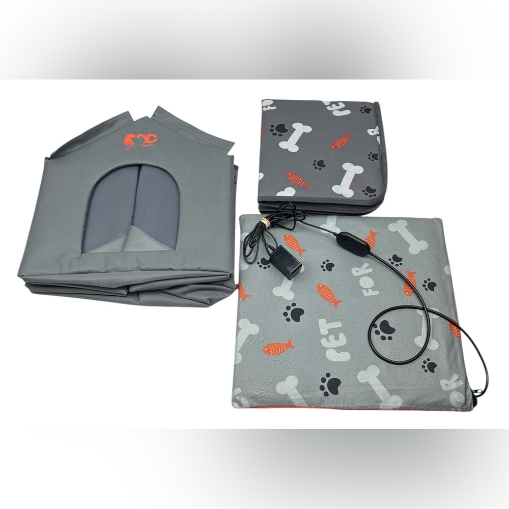 GeerDuo Heated Cat House Electric Gray Orange 16in x 16in Warm Portable Travel